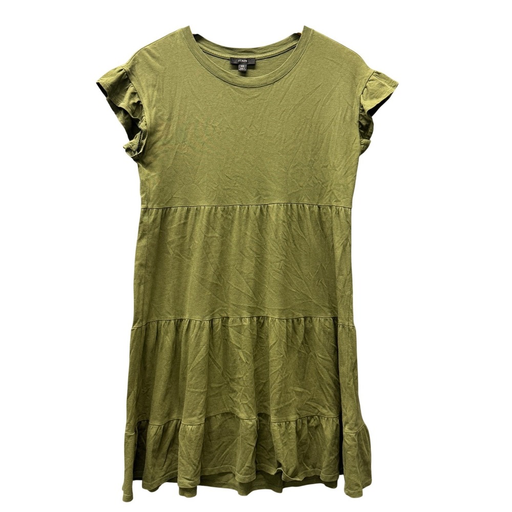 J Crew Dress Womens XS Tiered Ruffle Mini Olive Green Casual Coastal Pullover